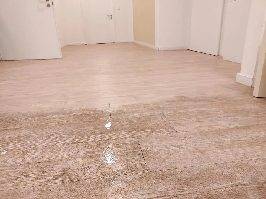 Heller Holzfußboden in einem Raum mit weißen Türen und Wänden