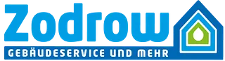 Logo von Zodrow Gebäudeservice und mehr mit blauem Schriftzug und Haus-Symbol