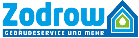 Logo von Zodrow Gebäudeservice und mehr mit blauem Schriftzug und Haus-Symbol